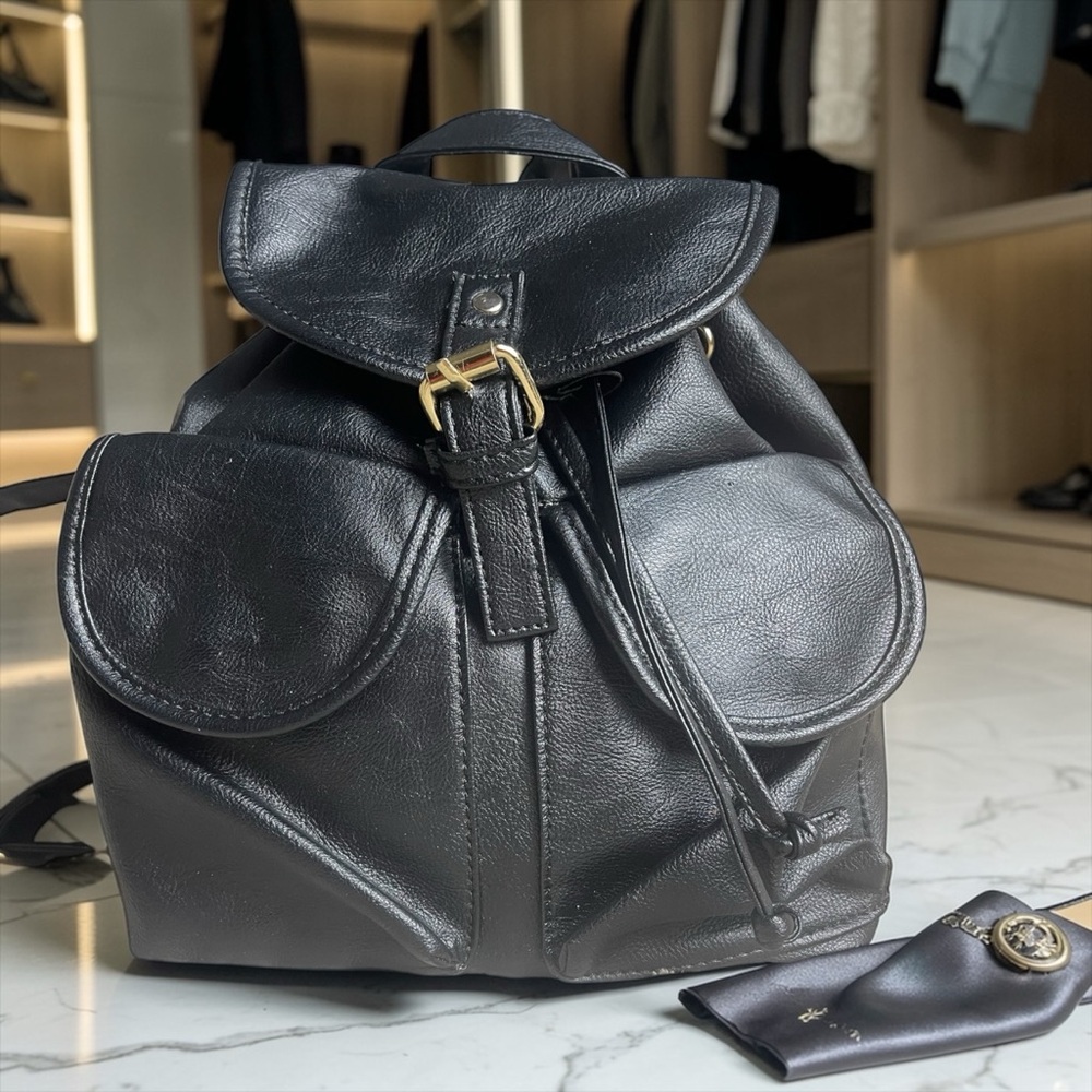 Charlotte Russe Black Faux Leather Buckle Drawstring Backpack convertible